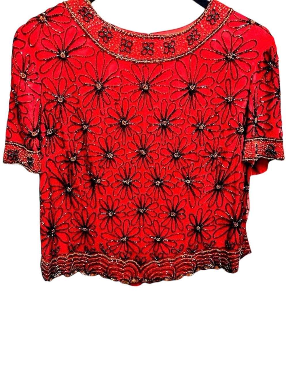 PAPELL Boutique Evening 90’s Red Silk Heavily Beaded & Sequins Floral Blouse 1X